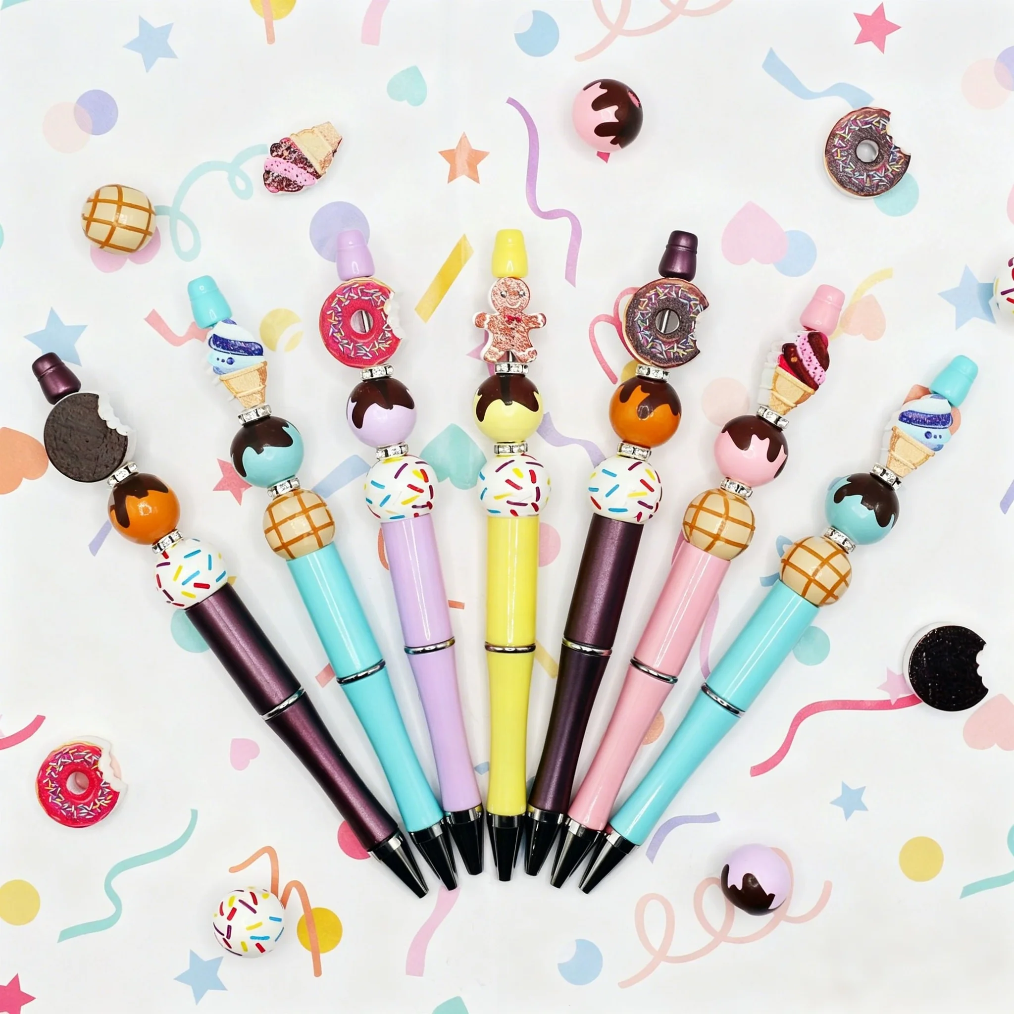 5-10Pcs Cartoon Donut Oreo Gingerbread Man Ice Cream DIY Beaded Pen Set Creative Stationery