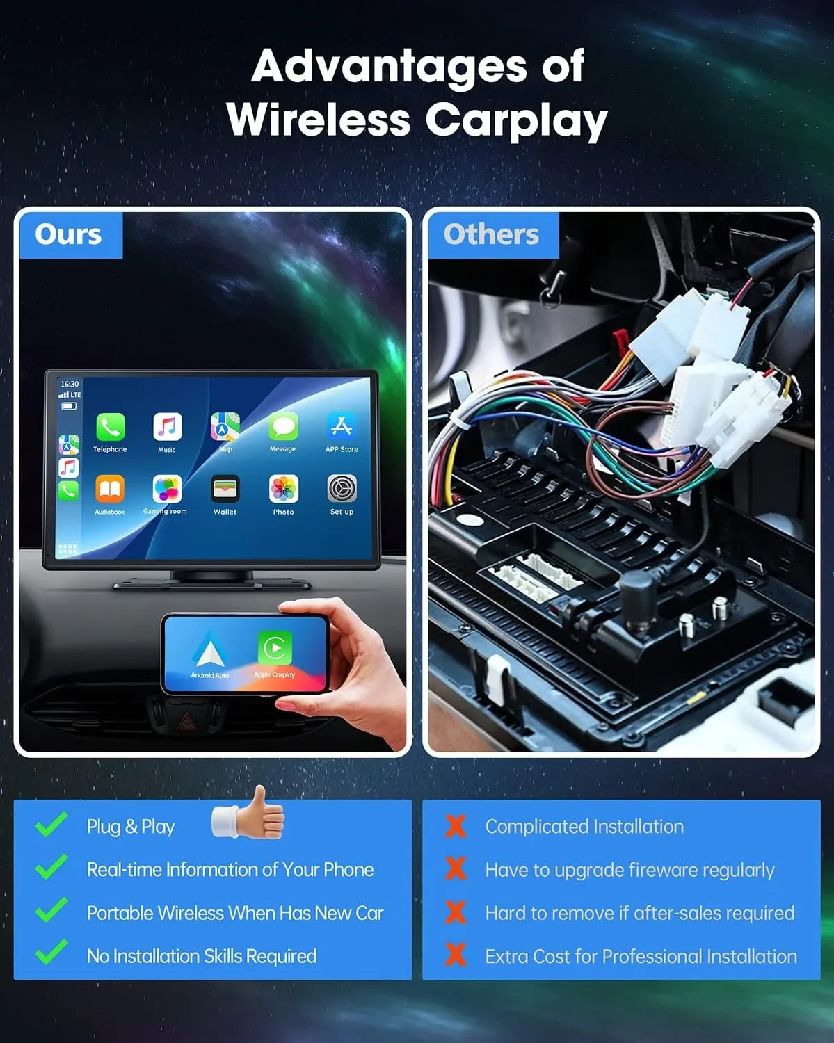 Autoradio universale da 9 pollici Wireless CarPlay Android Auto Multimedia Video Player Touch Screen portatile per Kia Toyota Ford VW