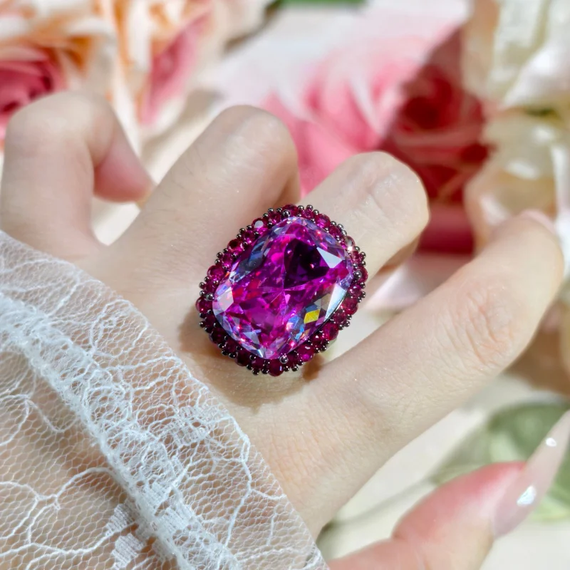 الراقية قيراط كبير مطلية بالذهب الأسود وسادة طويلة قطع الوردي الأحمر الزركون حلقة مفتوحة قلادة القرط مجموعة