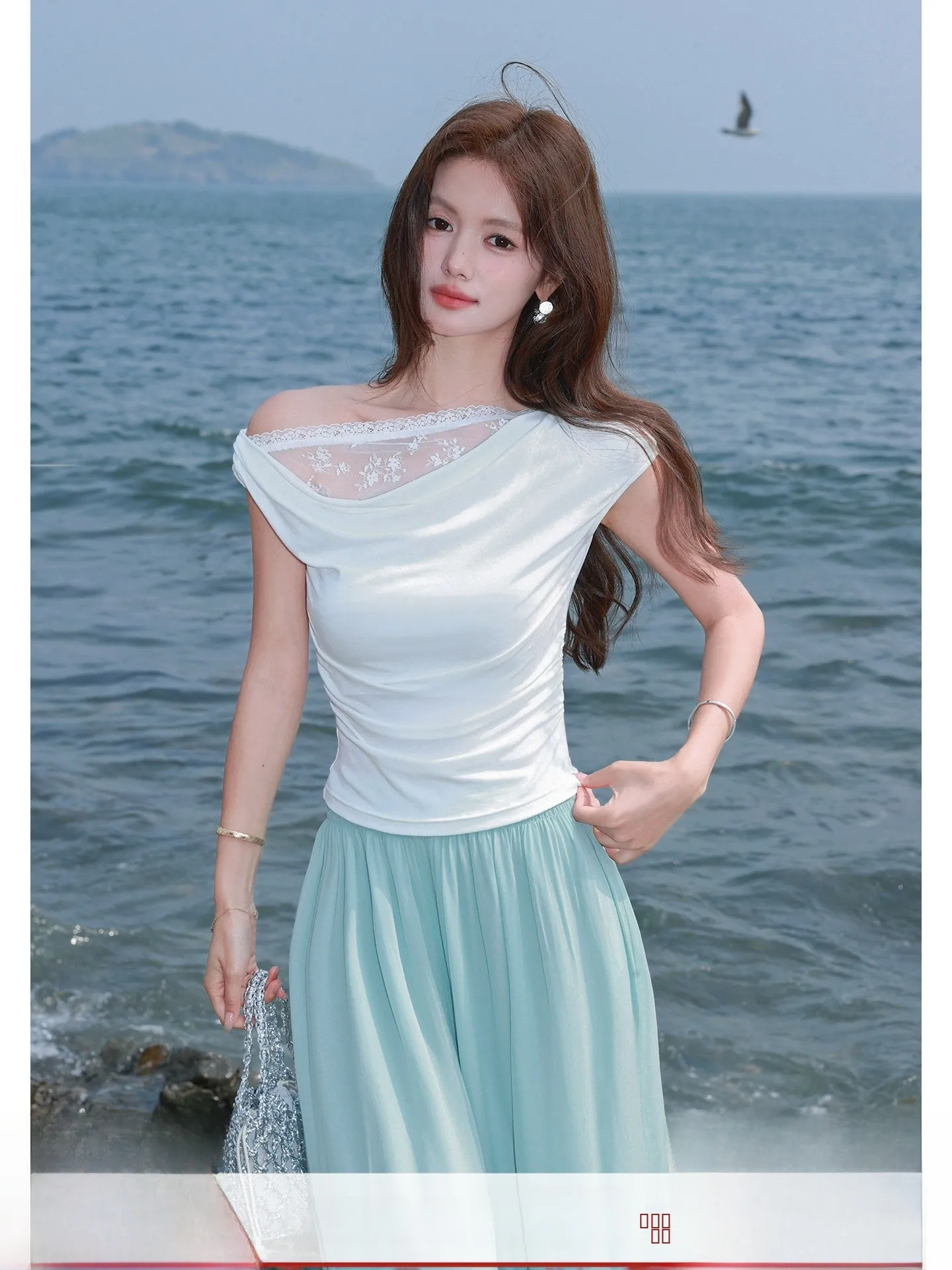 

Pure Desire Design Asymmetric Lace Knitted ort Sve Women's Summer Top Slant oulder Svel Wrap oulder T-irt