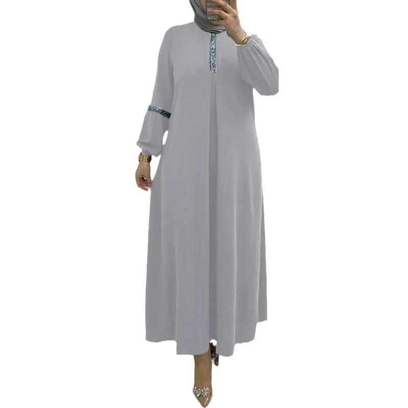 Elegante robe muçulmano cor sólida manga comprida vestido de lantejoulas elegante manga bolha vestidos longos dubai