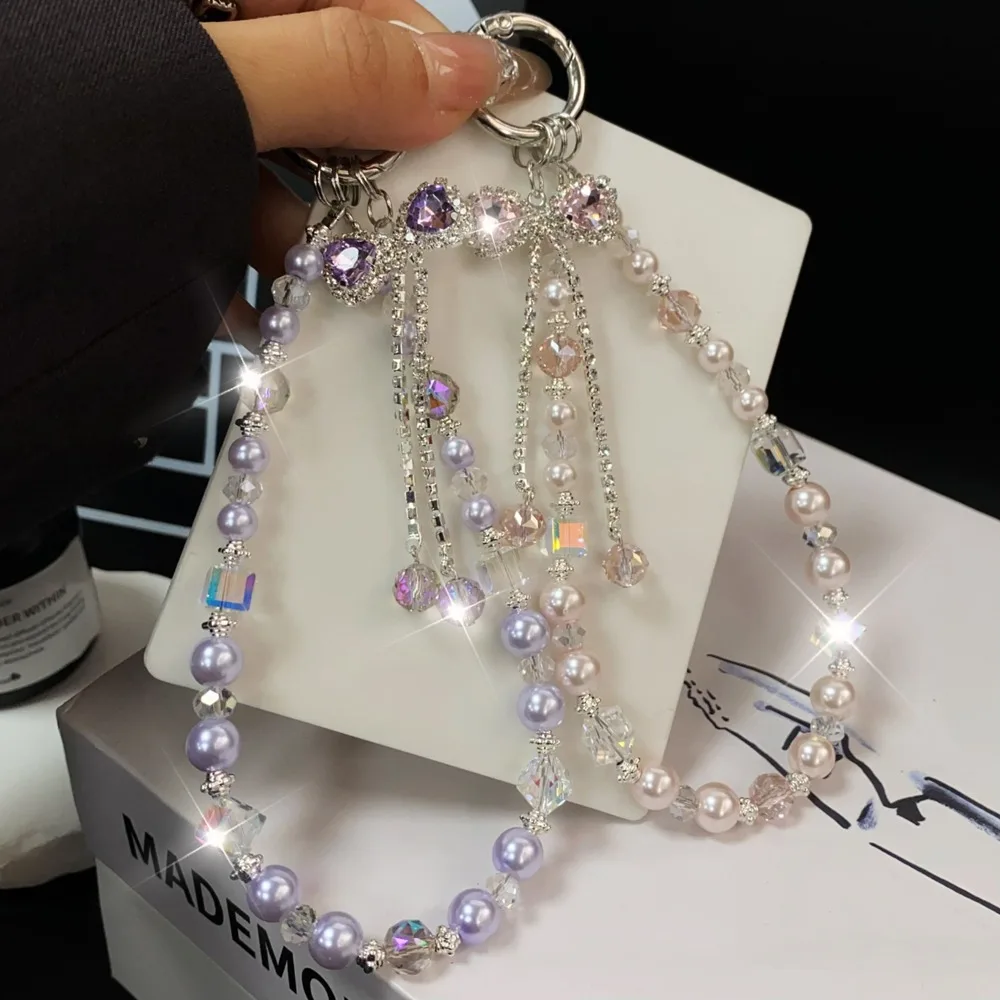 

Pearl Rhinestone Phone Lanyard Bow Pendant High Luxury Rhinestone Phone Straps Wrist Style Cellphone Chain Rhinestone Phone Rope