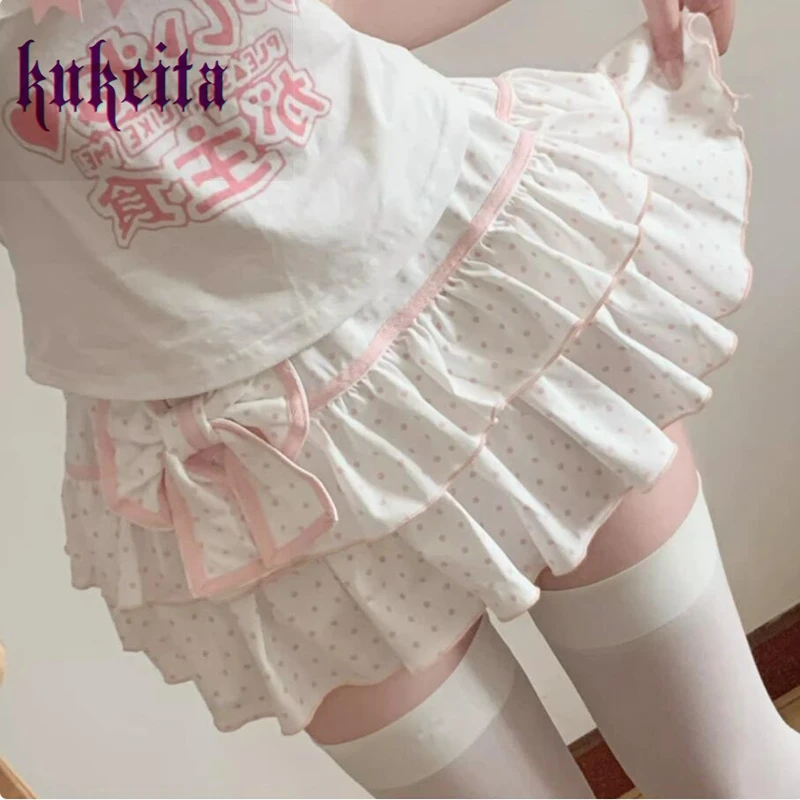 Harajuku Y2k Lolita Style Mini Skirt Women Sweet Bow Double Layered Polka Dot Ruffles Cake Skirt Japanese Kawaii Pleated Skirts