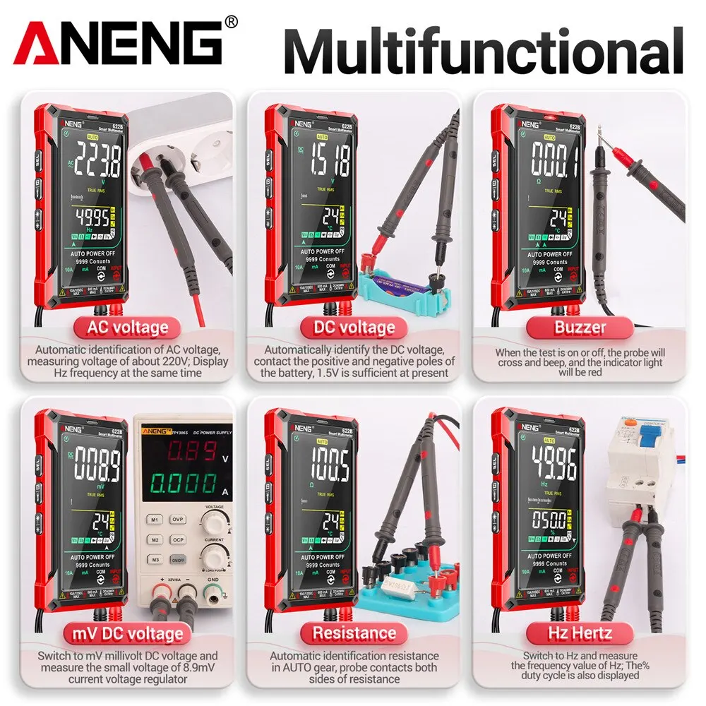 ANENG 622B Digital Smart multimetro 10A Tester Meter gamma automatica True RMS DC/AC 9999 Multitester con lampada Laser capacità Ohm