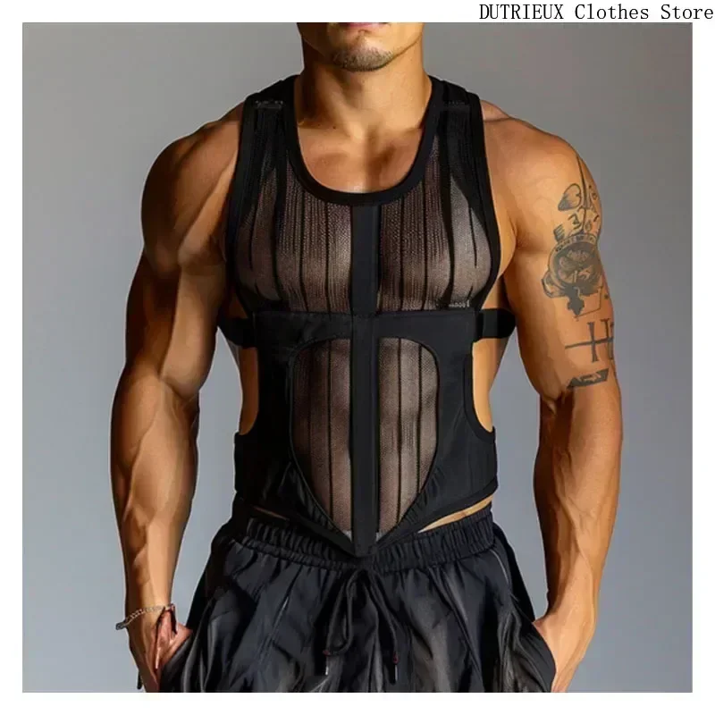 Men's High Street Punk Black Vest Sexy See-through Men Sleeveless Tee Fitness Exercise Hollow Vest Mesh Breathable Male Tank Top