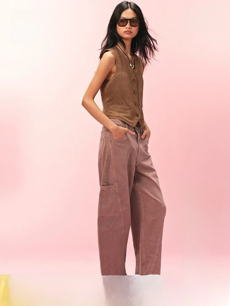 

H&M Women's Summer Loose American Style Diagonal Stripe Jeans Fashionable Natural Waist Simple Cotton Casual Trousers