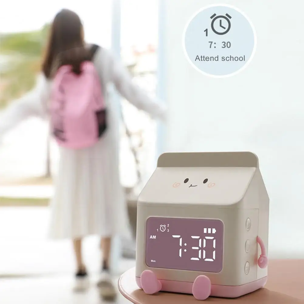 Digital Alarm Clock Milk Box Shape Children Wake Up Clock Rechargeable Countdown Legible Large Screen Bedroom Alarm Clock Timer