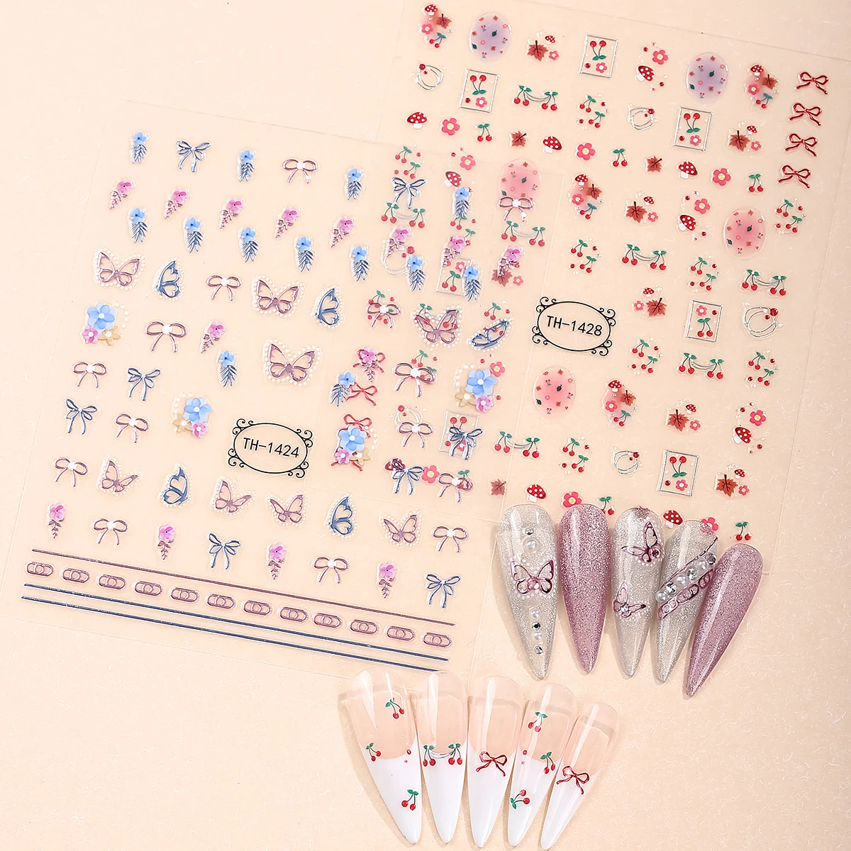 3D Creative Butterfly Cherry Nail Art Sticker Bow and Flowers Self-Adhesive Decals for Manicure Slider Nail Decoration DIY