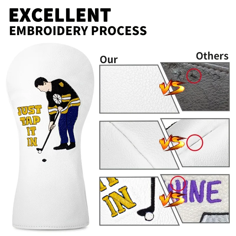 ฝาครอบป้องกันไม้กอล์ฟ - ดีไซน์ตัวอักษร “JUST TAP IN” อุปกรณ์เสริมที่ทนทานและมีสไตล์ อุปกรณ์เสริมสำหรับกอล์ฟ หมวกคลุมศีรษะ