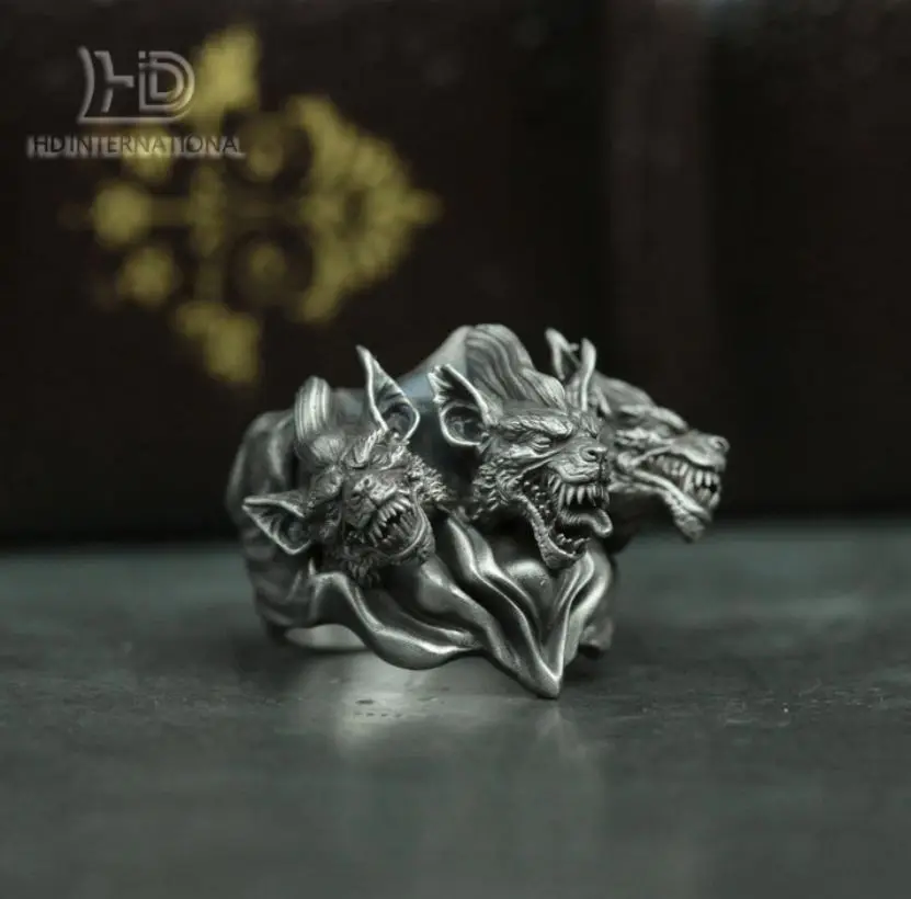 

Серебряное кольцо Hell three head dog 925, серебряное кольцо с головой собаки, ювелирные изделия, индивидуальные подарки