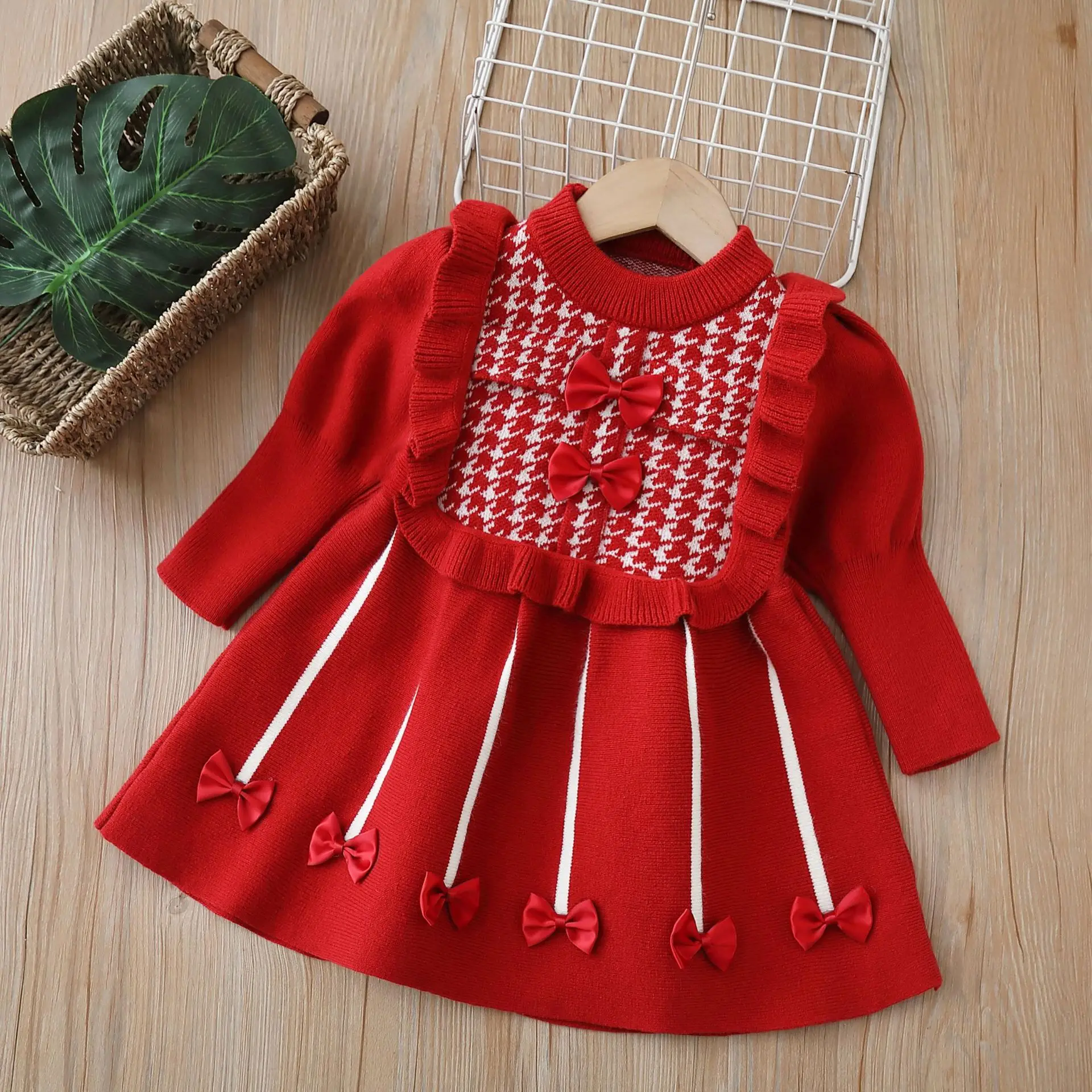 Children\'s Sweaters Bow Sweater Dress Little Fragrance Sweet Knit Dress Baby Girl Winter Clothes Girls Dresses for 2 To 6 Years