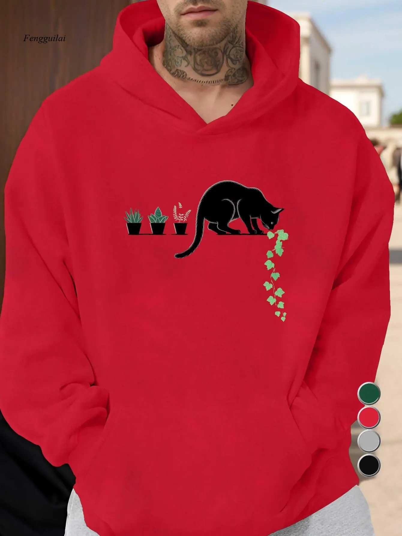 Felpa con cappuccio minimalista Cat Botanical Harmony - Felpa con cappuccio rossa con gatto nero e grafica verde