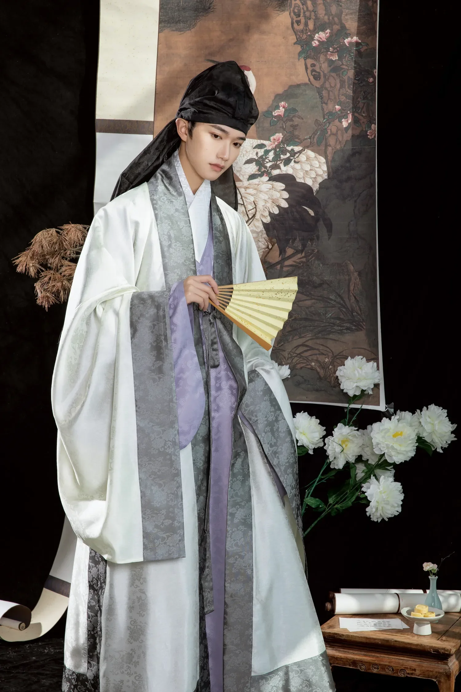 Chinese Traditional Costume Set Chinese Ming Dynas Ming Hanfu Lotus Jacquard Dark Pattern Yarn Wide Sleeve Daoist Robe Men Hanfu