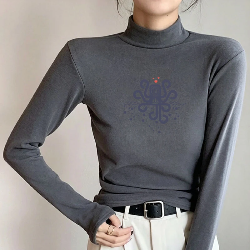 Winter Women's Thermal Brushed Fleece Half Mock Neck Long Sleeve T Shirt Octopus Nautical Ocean Boat Graphic Warm Tee