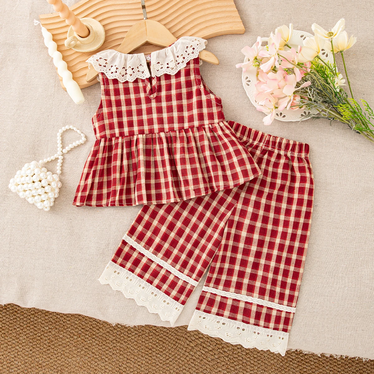Two Piece Summer Baby Girl Set Sweet Red Checkered Sleeveless Top And Pants Casual Daily Children'S Clothing 9 Months - 4 Years