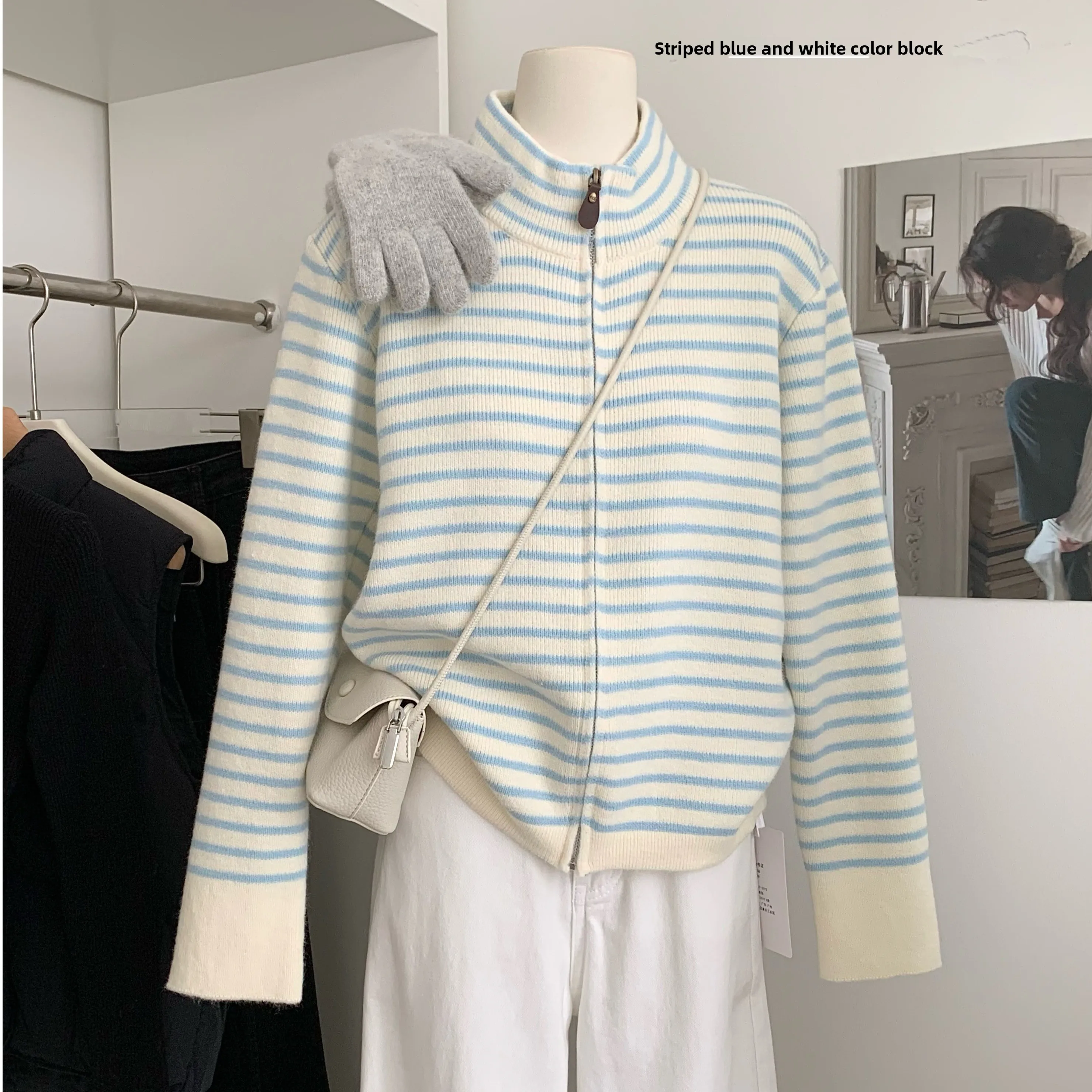 Women's Loose Long Sve Zipper Sweater Autumn Faion Striped Chic Design Versatile Slimming Color Blo Knitted Top