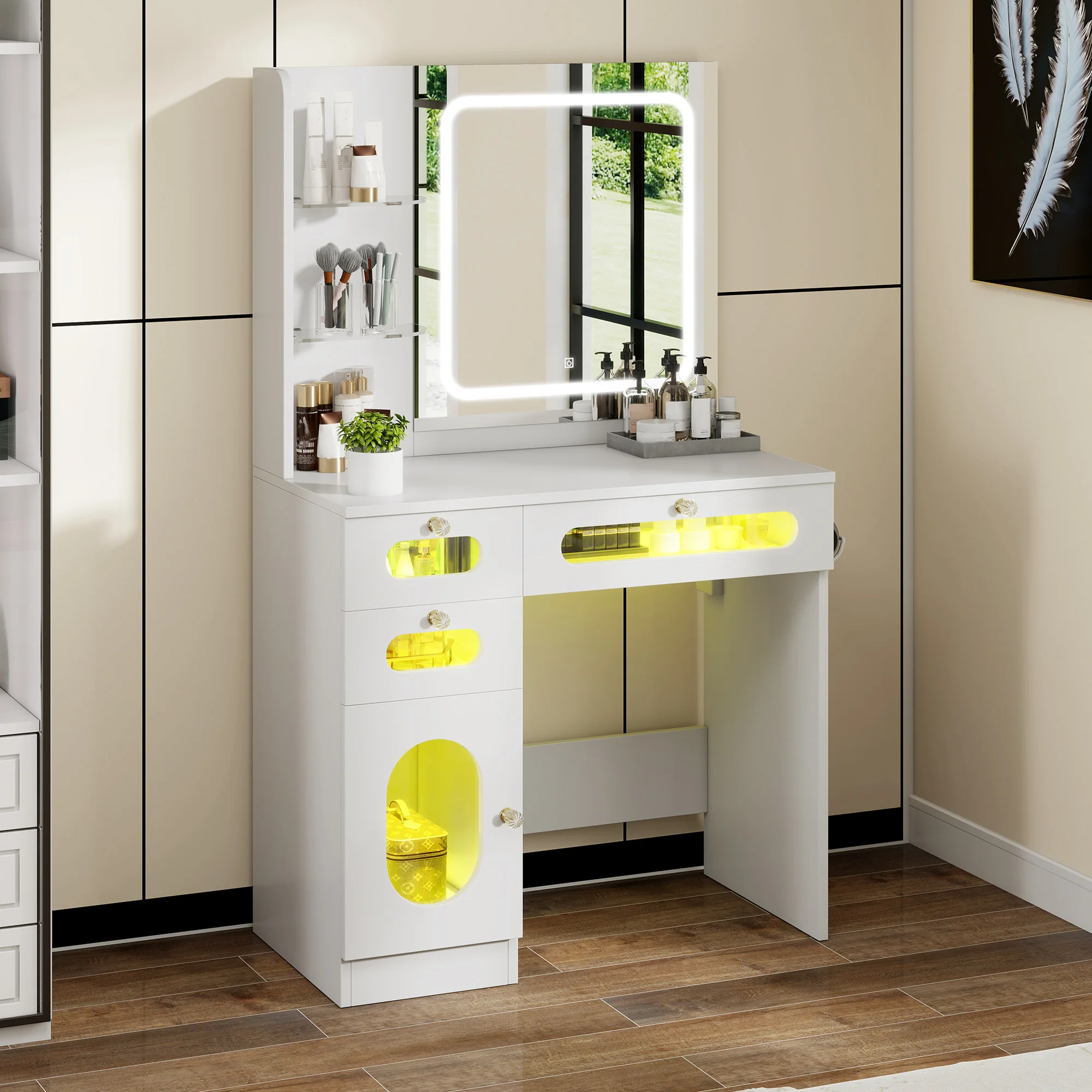 YITAHOME Tavolo da toeletta a LED bianco con specchio 3 cassetti 2 ripiani Luminosità regolabile 3 impostazioni di luce Scrivania per trucco