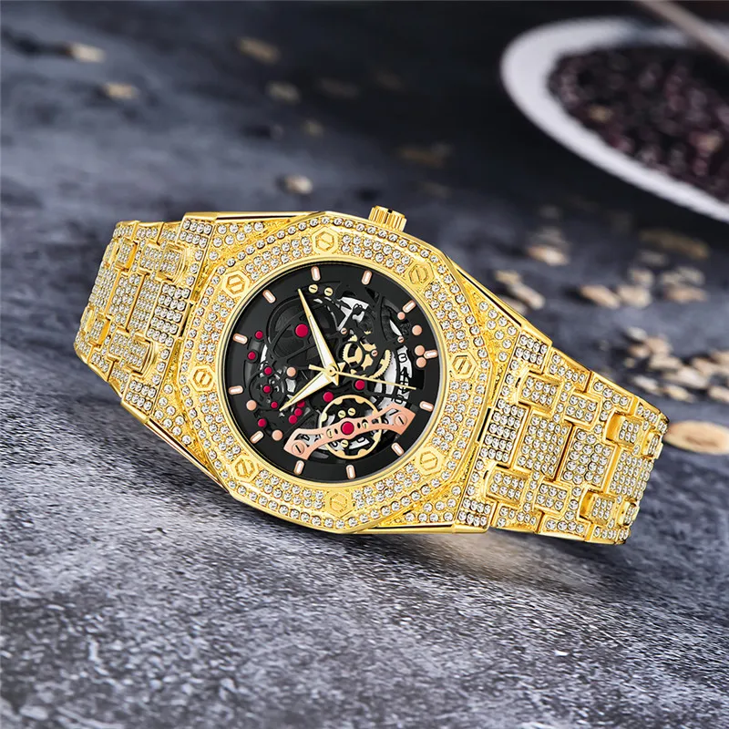 Relojes de marca grande para hombre, Hip Hop, esqueleto dorado, moda informal, banda de aleación, reloj de cuarzo con fecha de diamante, relojes de marca de lujo