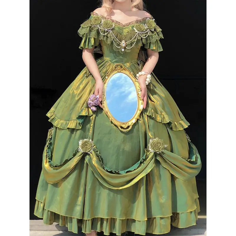 Vestido de Princesa Flor Fofo, Pintura A óleo, Verde, Tridimensional Rosa, Lolita, fugitiva, Trabalho Pesado, Flor, Cerimônia de Casamento