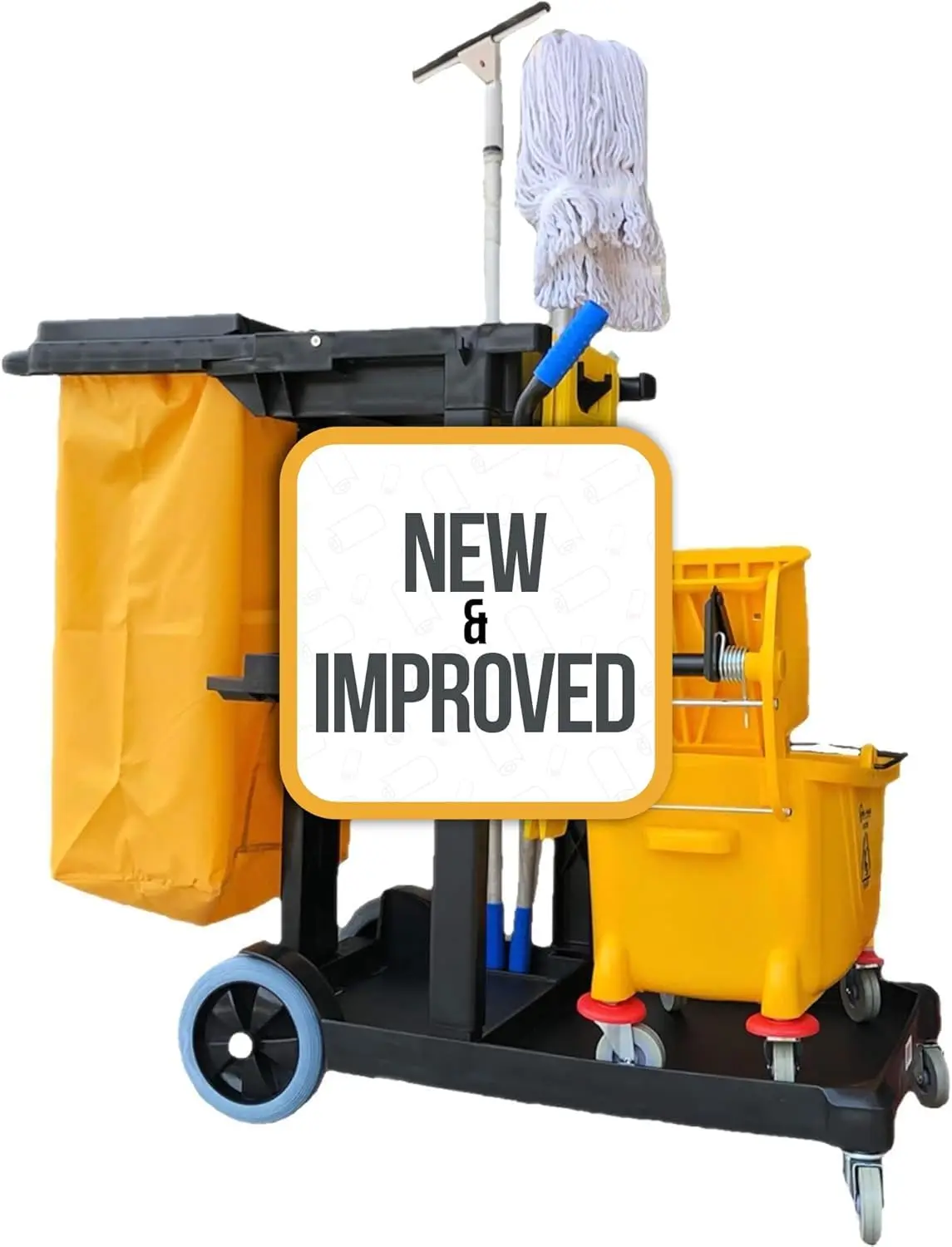 

Commercial Cleaning Cart with Waste Bag, 3 Shelves, Mop Holder, 330 lb Capacity, Yellow/Grey