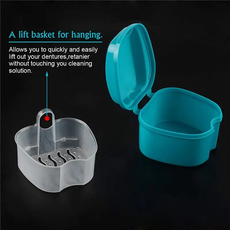 DT19 Denture Case Denture Cup with Strainer Denture Bath Box False Teeth Box with Basket Net Container Holder 5X Blue