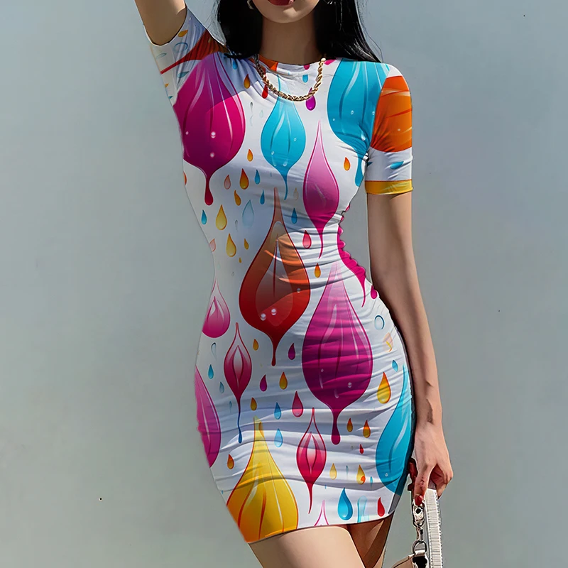 Summer new lady slim dress color water drop 3D printed lady dress bright style ladies slim dress trend fashion ladies slim dress