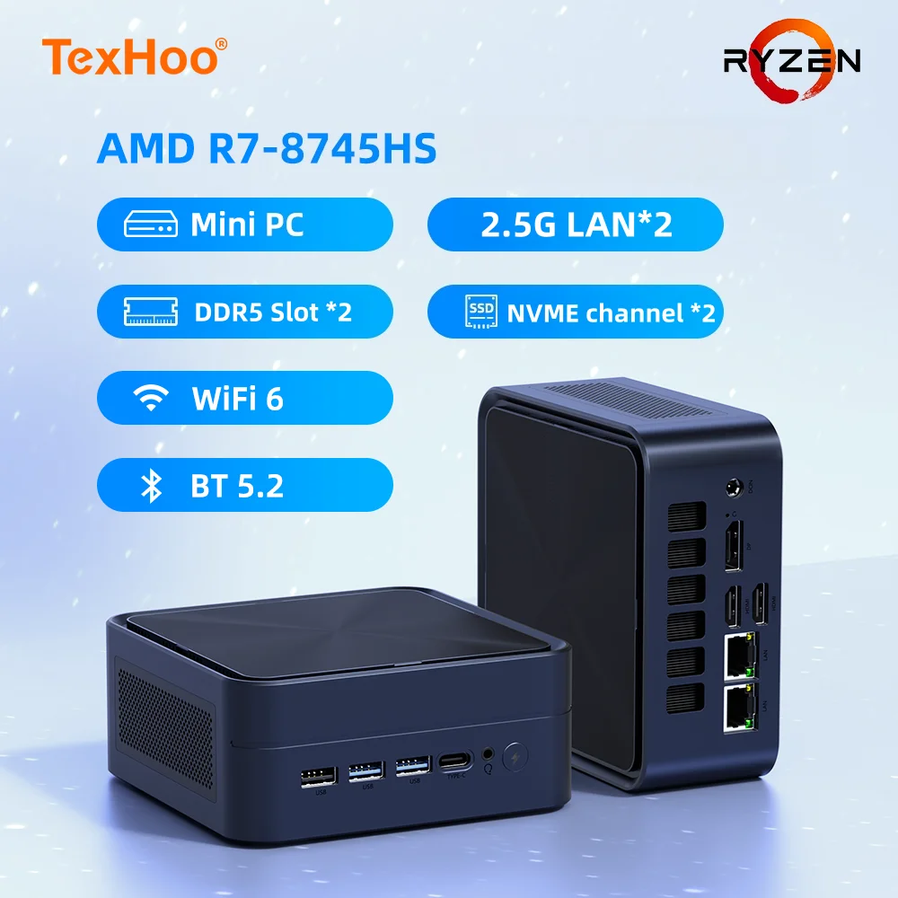 TexHoo Mini PC AMD Ryzen7 8745HS No RAM No SSD WiFi6 BT5.2 Dual 2.5G LAN Portable Desktop Computer DP+HDMI*2 Dual DDR5 Dual NVME