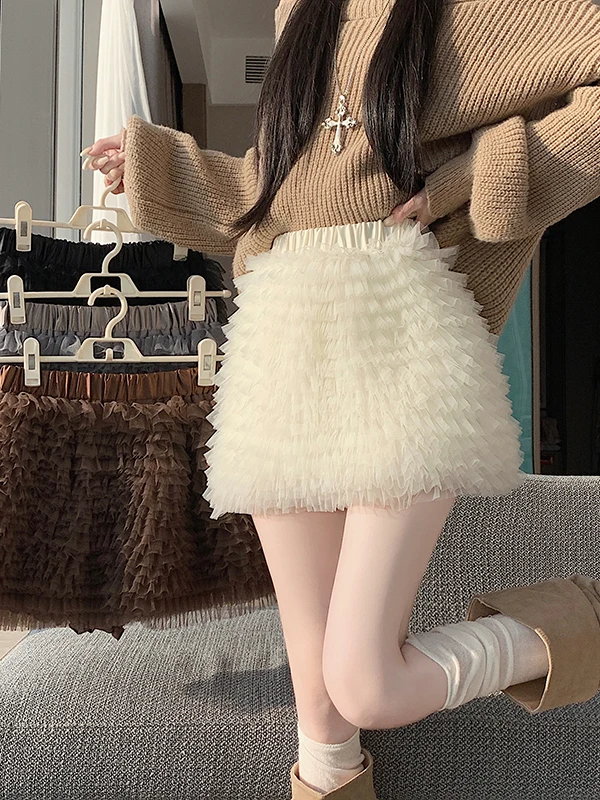 

High Waist A-Line Tulle Skirt Women's Faion Autumn Winter New Sle Slimming ort Cake Multi-Layer Skirt Ci Walk