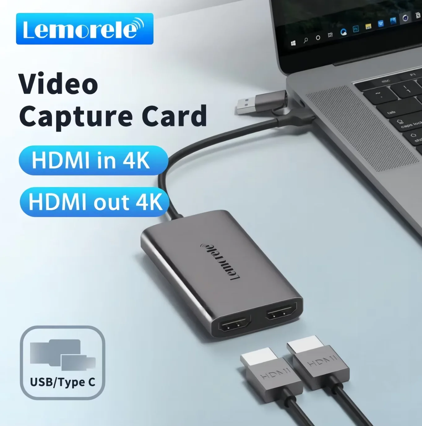 Lemorele 4K Video Capture Card HDMI-Compatible to USB/Type-C Video Recording Card for Switch Xbox PS4/5 Gaming Live Streaming