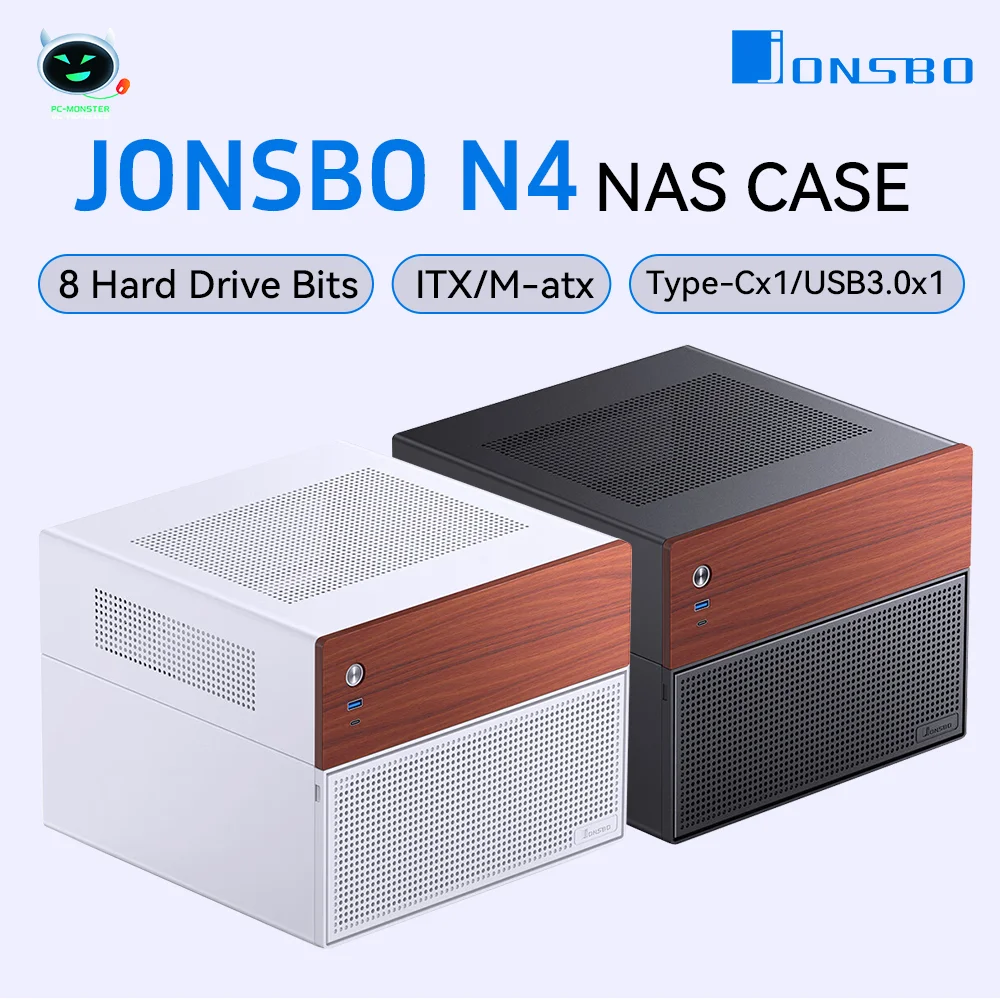 JONSBO N4 Zwart NAS-chassis M-ATX Moederbord SFX Power Slot 6 Grote 2 kleine harde schijf Slots 120 mm x 1 ventilator Walnoot Decoratief paneel