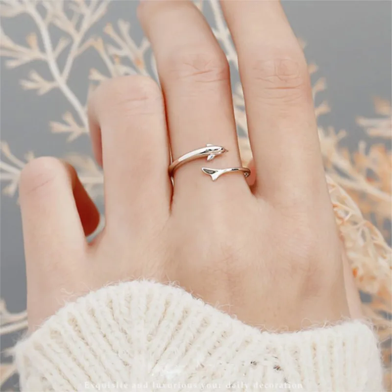 New Popular Fashion Cute Animal 925 Sterling Silver Jewelry Personality Dolphin Fish Exquisite Opening Rings R021