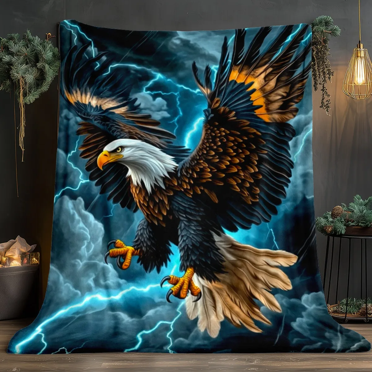 Printed Eagle Fleece Blanket Thunder Lightning Storm Eagle Throw Blankets Soft Warm Bedding for Sofa Bed Home Decor Living Room