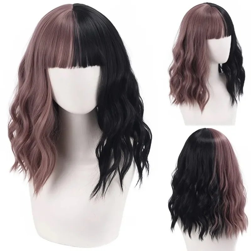 Qi Liu Hai Wig, Water Ripple Short Curly Hair Wig, Full Head Cover, Double Piece Wig, Gradient Wig