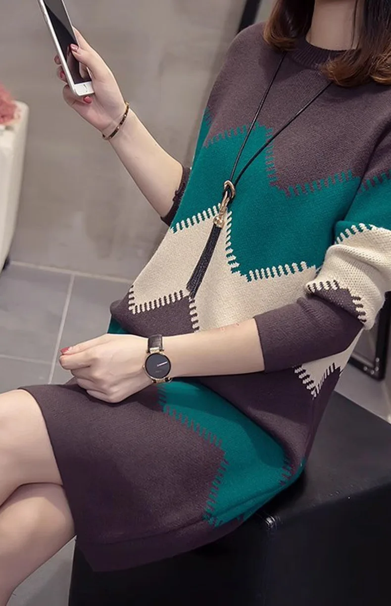 Vestido pulôver de malha de comprimento médio feminino 2025 outono inverno casual elegante bloqueio de cor versátil estilo de camadas de ajuste relaxado