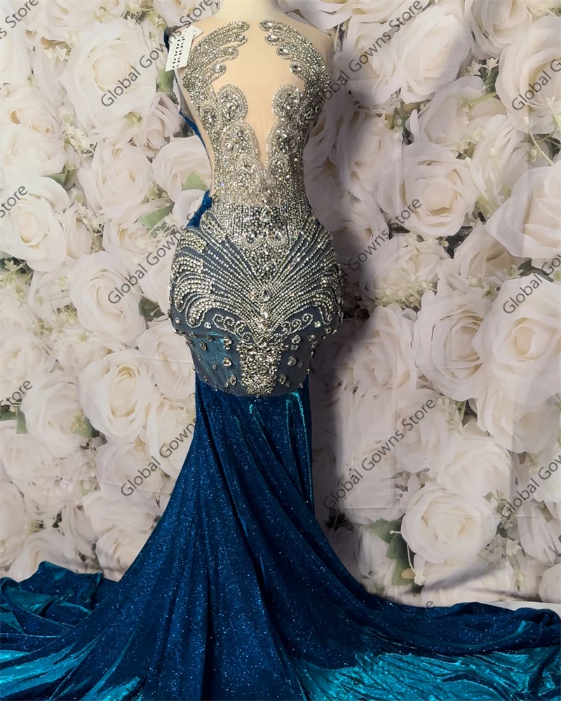 Navy Blue Long Prom Dresses For Black Girls 2025 Beaded Evening Dress Crystal Rhinestone Birthday Party Gowns Customized