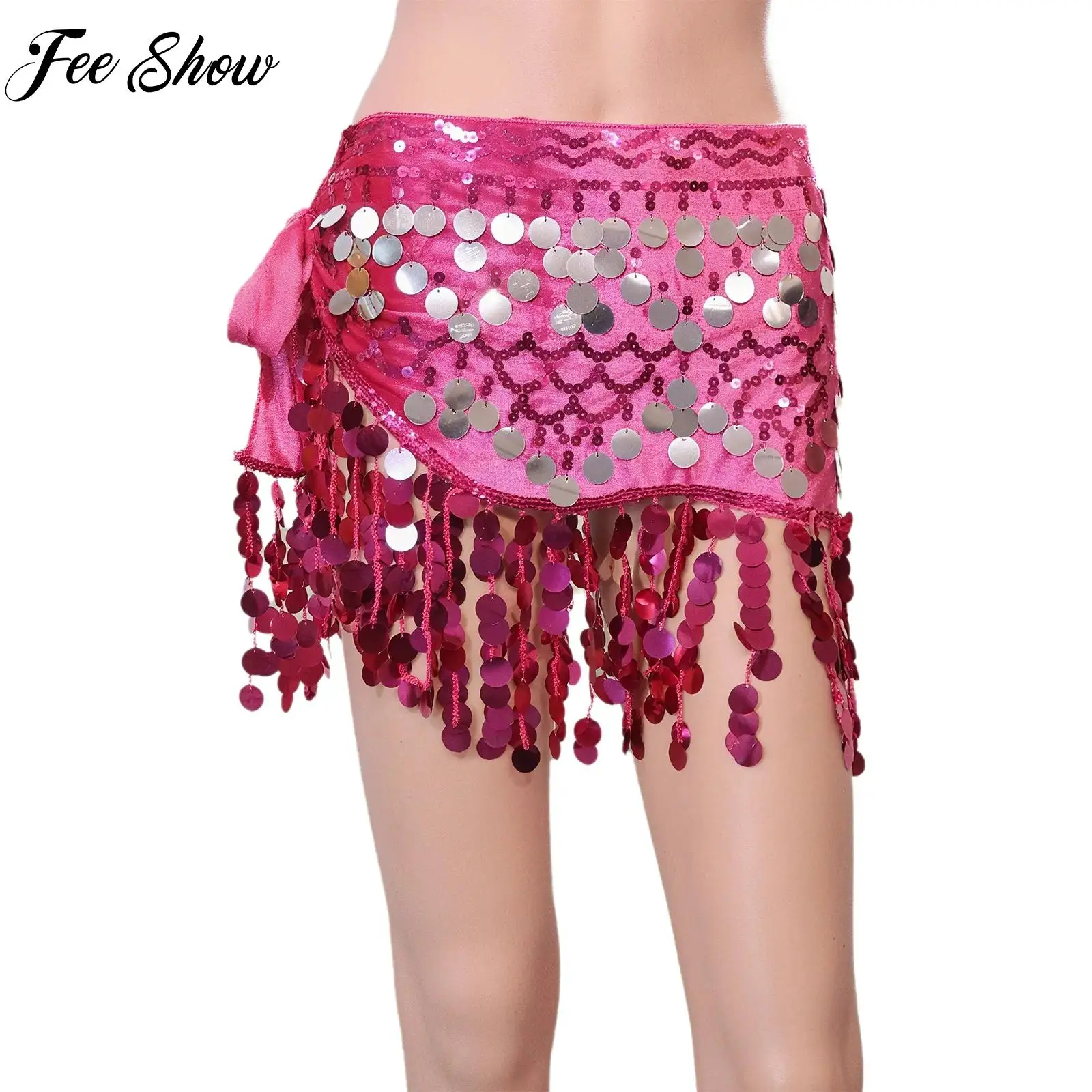 

New Women's Tassel Belly Dance Hip Scarf Carnival Dance Class Party Costumes Round Sequin Lace-up Waist Skirt Hip Wrap Dancewear