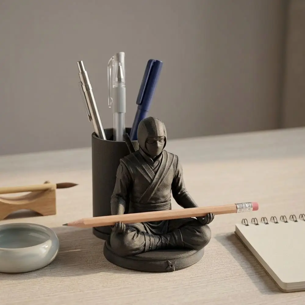 3D Printed Ninja Figurine Pen Holder Funny Zen Ninja Meditating Ninja Desk Stand Realistic Plastic Ninja Craft Ornament Bedroom