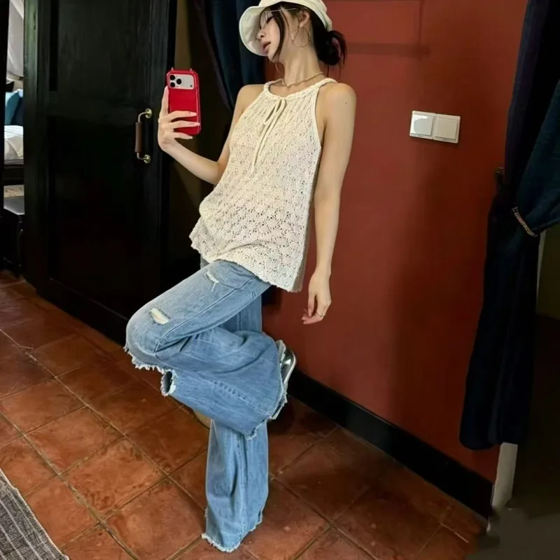 New Summer French Sweet Spicy Hollow Out Halter Tie Back Knitted Cami Women Loose Asymmetric Fashion Casual Versatile Top
