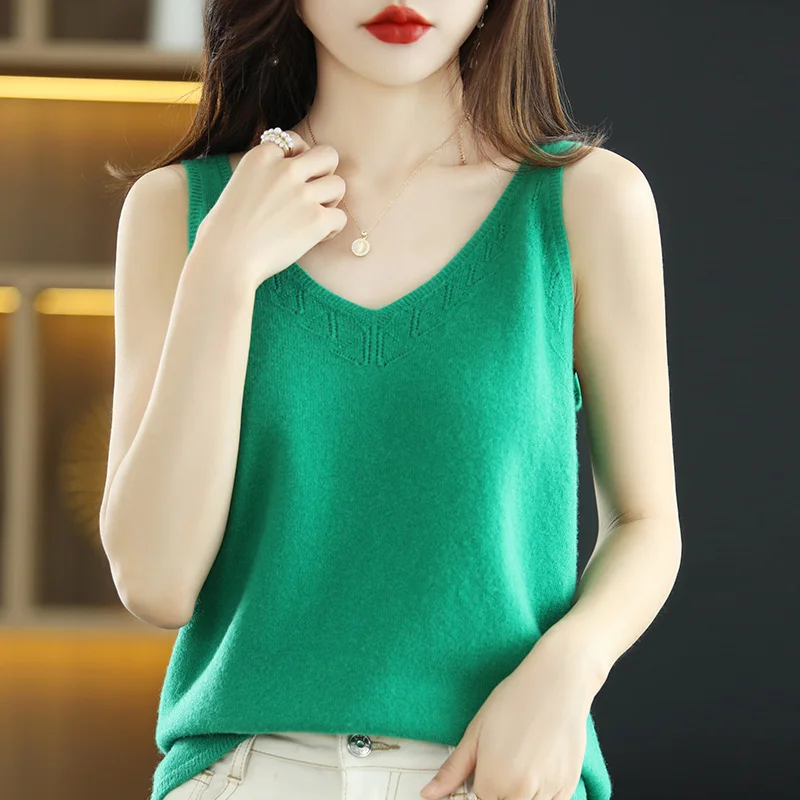 Hot Sale Summer New T-Shirt Sling Cashmere Knit Solid Color Sleeveless Women\'s 100% Wool Sling Cropped Pullover promotion 2022