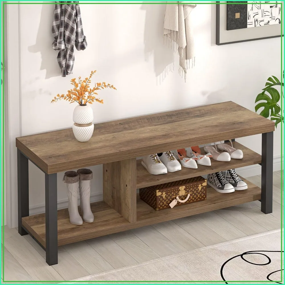 43.3 Inch Wood and Metal Shoe Bench Shoe Storage with Seating