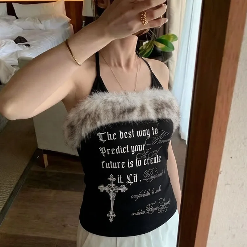 Ins Style Autumn Individuality Harajuku Letter Print Slim Fit Fur Collar Design Fashion Trend Hanging Neck Vest Women's Top