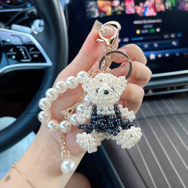 Cute Pearl Small Energy Car Keychain Personality Hand-Woven Table Dino Girl Bag Pendant Accessories