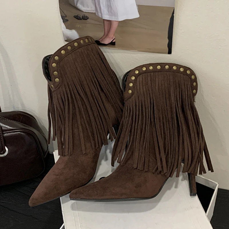

Liyke Autumn Winter Fashion Rivet Fringe Boots For Woman Vintage Pointed Toe Thin Low Heels Party Prom Shoes Ankle Booties Brown
