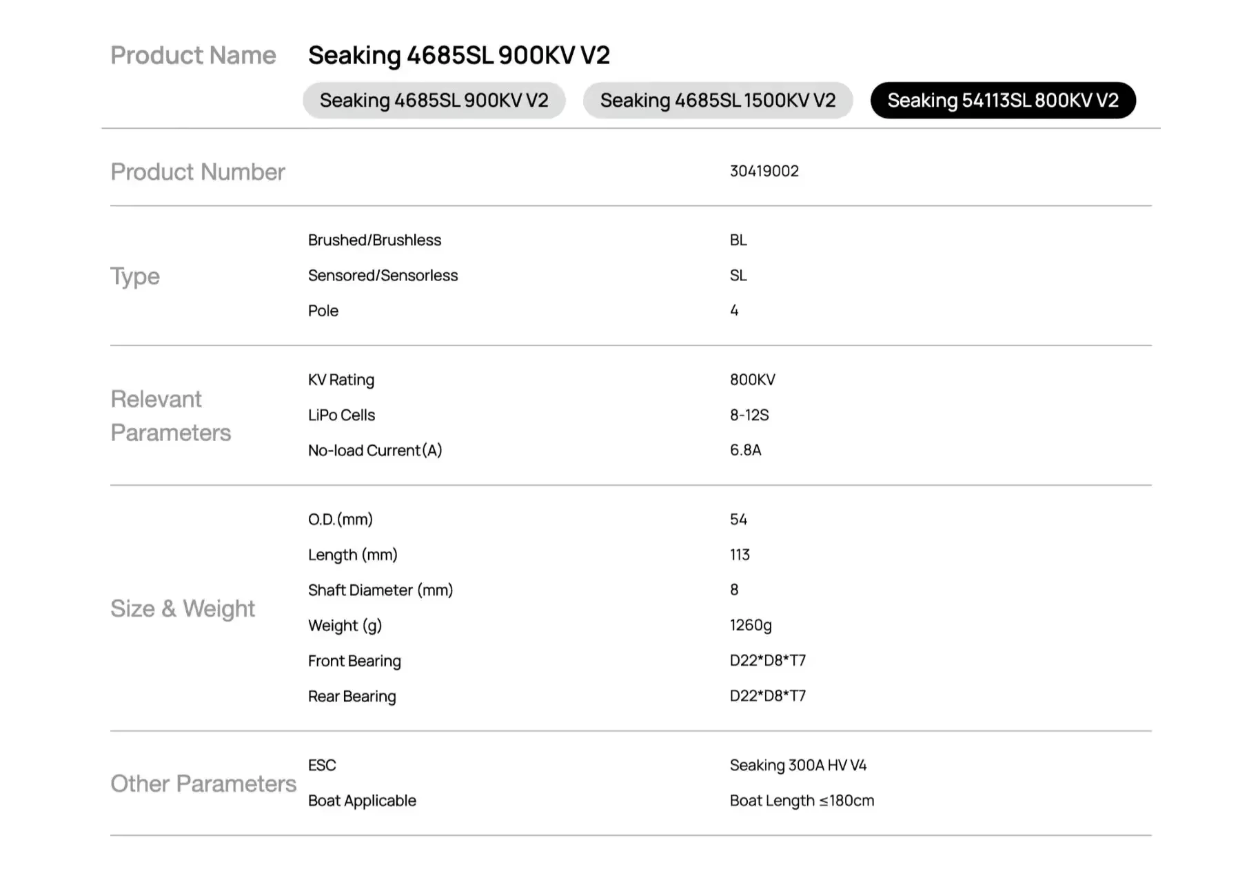 Hobbywing Seaking 54113SL 800KV V2 Brushless Sensorless 8-12S Motor para SeaKing 200A/300A HV V4 ESC