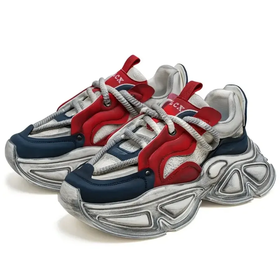 

Men's Red White Color Block Chunky Sole Dad Shoes Distressed Casual Sneakers Streetwear Footwear