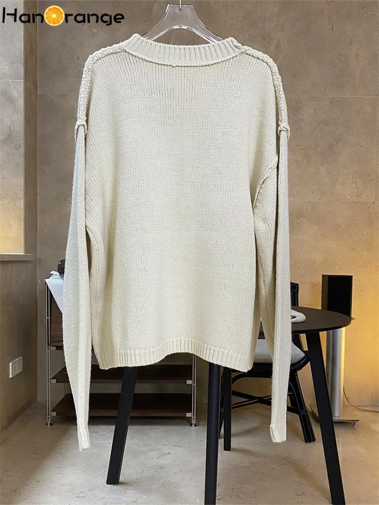 Maglione vintage HanOrange da donna 2024 primavera semplice pullover con scollo a O lavorato a maglia top morbido allentato beige bianco