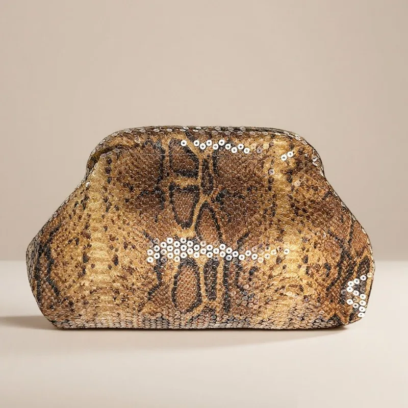 

Новая модная вечерняя сумка-клатч с пайетками и змеиным узором, весна 2026, универсальная, вместительная, с застежкой-тоггл