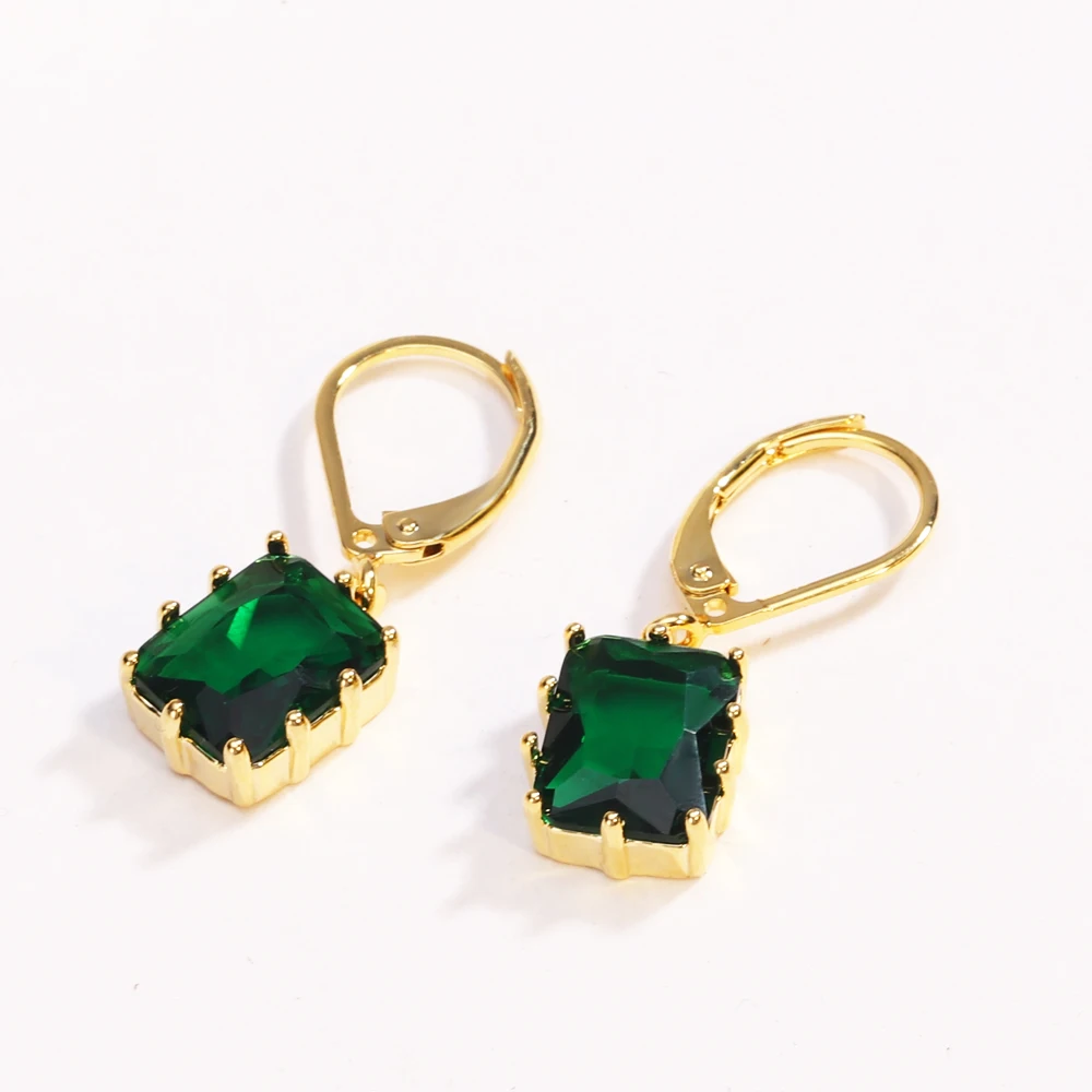 Emerald Green Crystal Square Stone Earring Sparking Zircon Drop Hoop Earrings For Women Vintage Gold Color Wedding Jewelry Gift