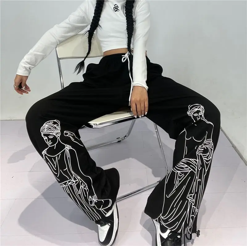 

American Retro Street Black Wide Leg Pants Subculture Hip Hop Aesthetic Print Sports Straight Pant Women's Loose Casual Trousers