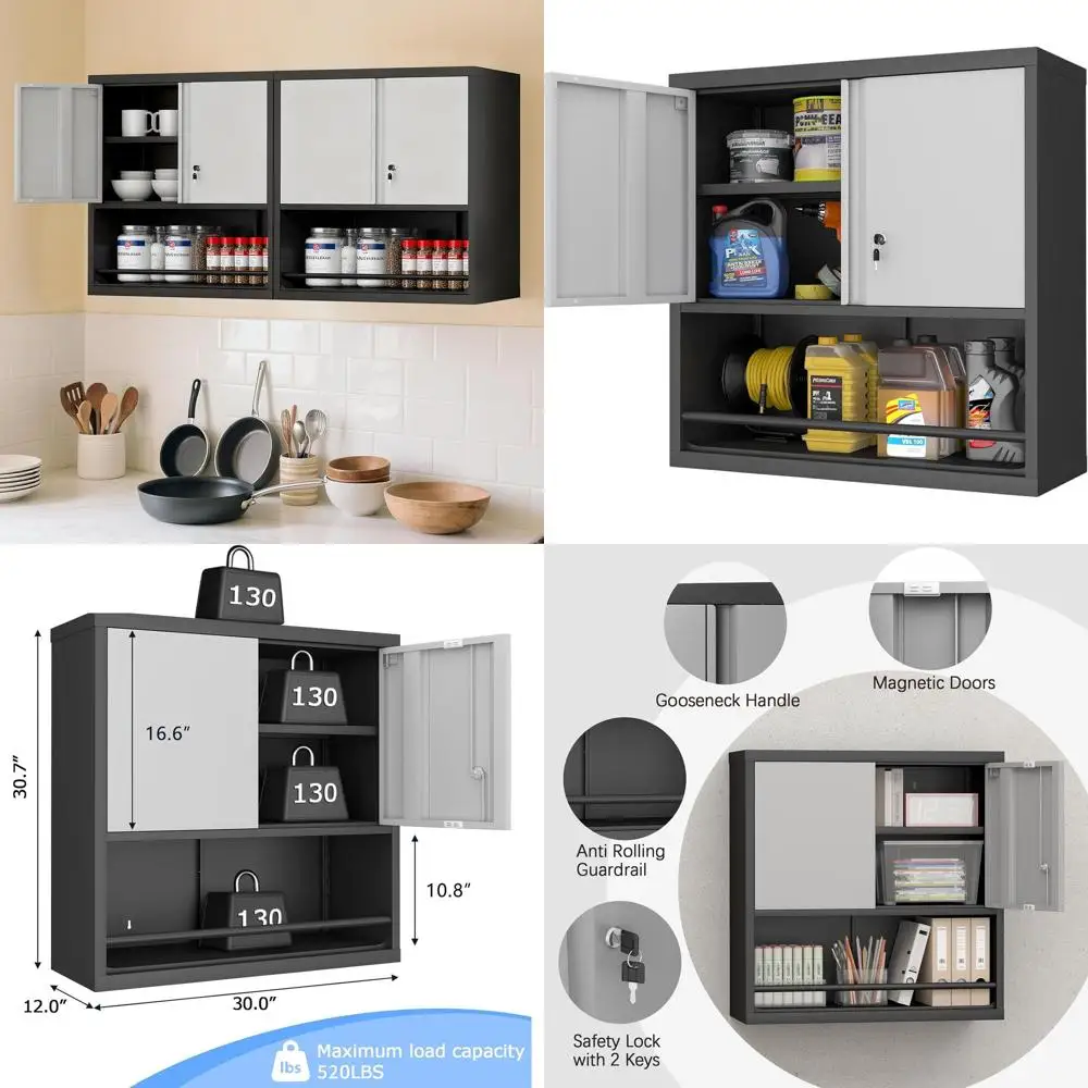 

Secure Wall-Mounted Storage Cabinet with Adjustable Shelves, Suitable for Garage, Office, or Home, Black and Gray